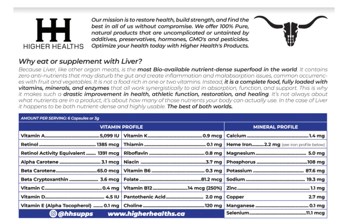Higher Healths Beef Liver capsules - 100% Grass-Fed/Grass Finished, Freeze Dried